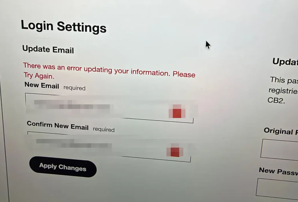 Crate & Barrel Login Settings page showing 'There was an error updating your information. Please Try Again.' above the Update Email form