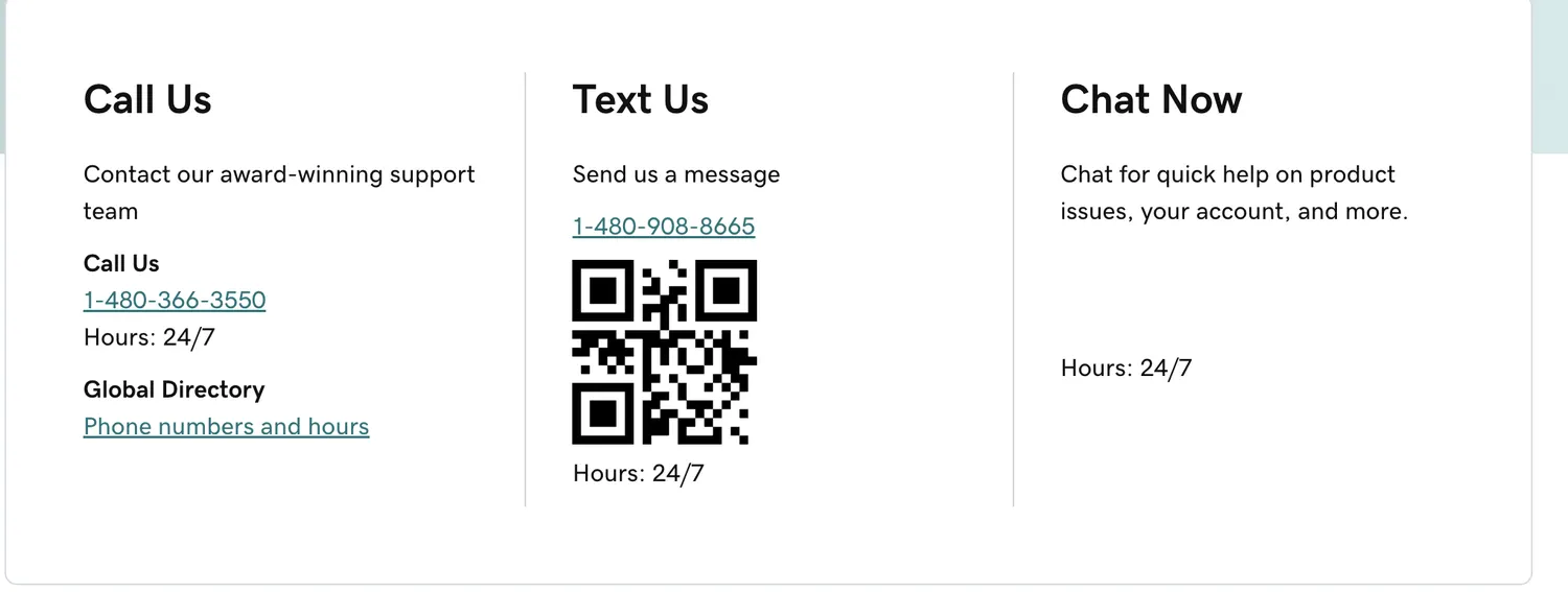 GoDaddy support page offering Call Us, Text Us, and Chat Now columns
